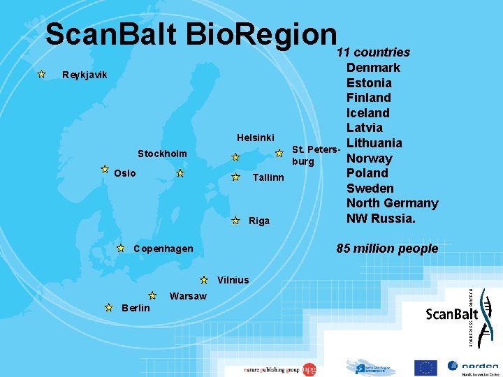 Scan. Balt Bio. Region 11 countries Reykjavik Helsinki St. Petersburg Stockholm Oslo Tallinn Riga