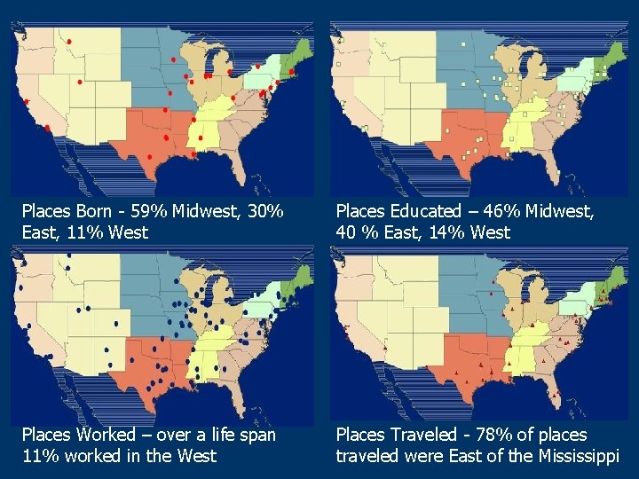 Places Born - 59% Midwest, 30% East, 11% West Places Educated – 46% Midwest,