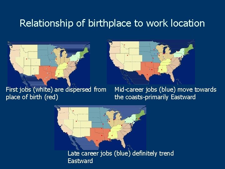 Relationship of birthplace to work location First jobs (white) are dispersed from place of