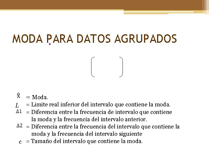 MODA PARA DATOS AGRUPADOS • = Moda. = Limite real inferior del intervalo que