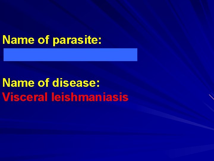 Name of parasite: Leishmania donovani Name of disease: Visceral leishmaniasis 