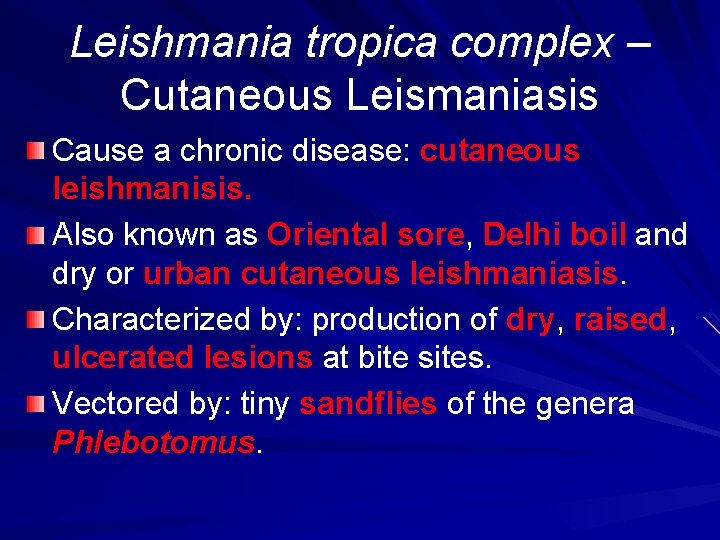 Leishmania tropica complex – Cutaneous Leismaniasis Cause a chronic disease: cutaneous leishmanisis. Also known