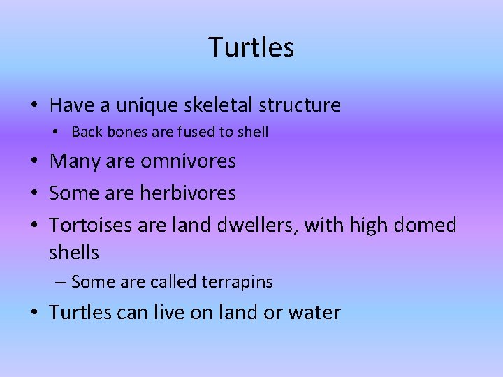Turtles • Have a unique skeletal structure • Back bones are fused to shell Turtles • Have a unique skeletal structure • Back bones are fused to shell