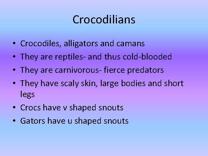 Crocodilians Crocodiles, alligators and camans They are reptiles- and thus cold-blooded They are carnivorous- Crocodilians Crocodiles, alligators and camans They are reptiles- and thus cold-blooded They are carnivorous-