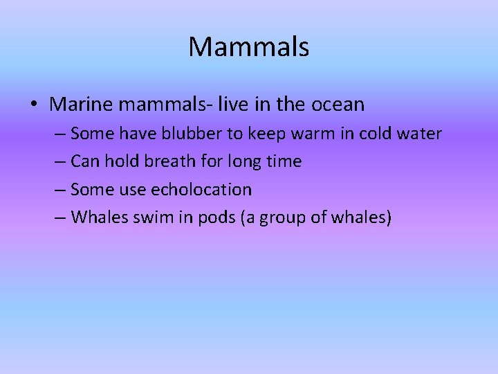 Mammals • Marine mammals- live in the ocean – Some have blubber to keep Mammals • Marine mammals- live in the ocean – Some have blubber to keep