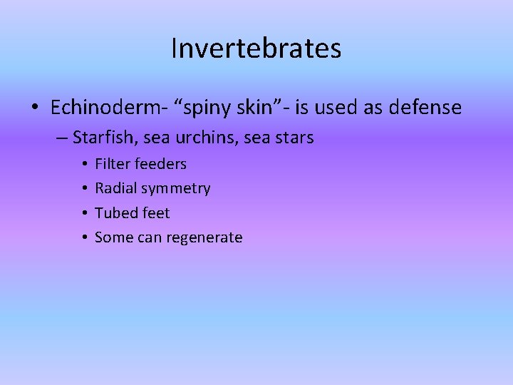 Invertebrates • Echinoderm- “spiny skin”- is used as defense – Starfish, sea urchins, sea Invertebrates • Echinoderm- “spiny skin”- is used as defense – Starfish, sea urchins, sea