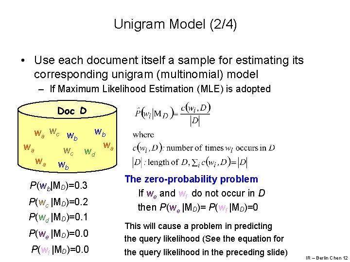 Unigram Model (2/4) • Use each document itself a sample for estimating its corresponding