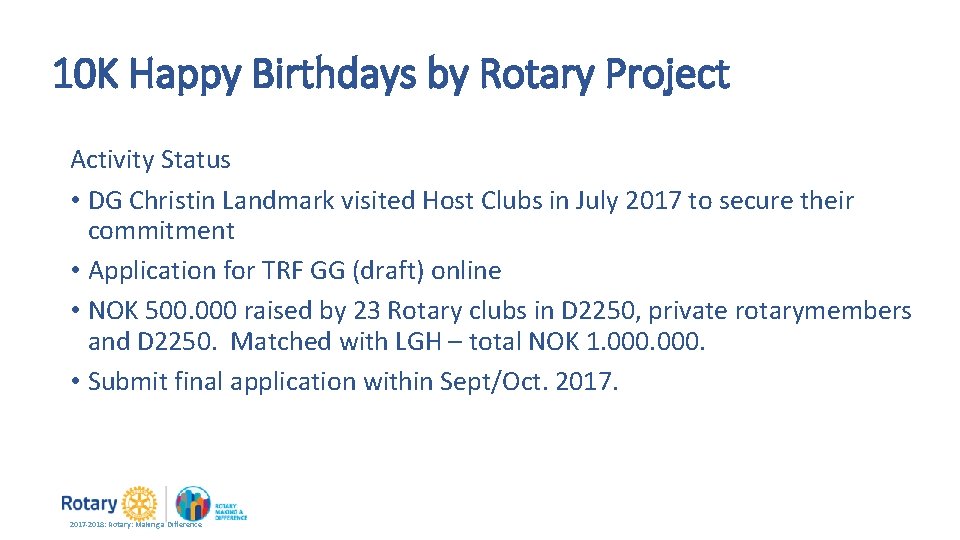 10 K Happy Birthdays by Rotary Project Activity Status • DG Christin Landmark visited