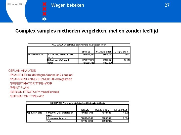 Wegen bekeken 23 February 2021 27 Complex samples methoden vergeleken, met en zonder leeftijd