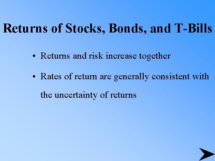 Returns of Stocks, Bonds, and T-Bills • Returns and risk increase together • Rates