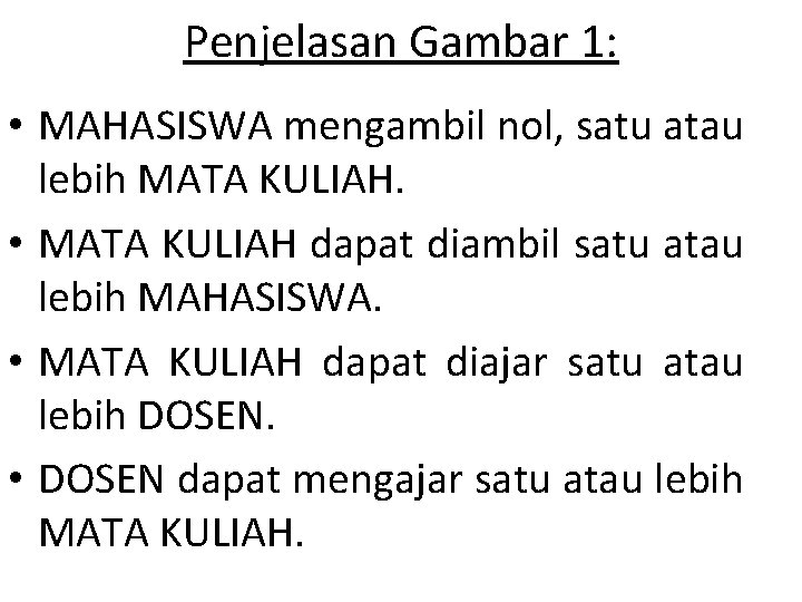 Penjelasan Gambar 1: • MAHASISWA mengambil nol, satu atau lebih MATA KULIAH. • MATA Penjelasan Gambar 1: • MAHASISWA mengambil nol, satu atau lebih MATA KULIAH. • MATA