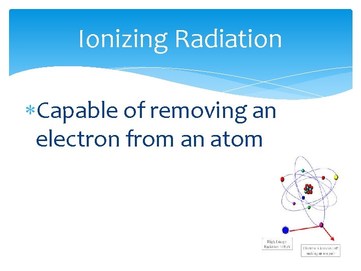 Ionizing Radiation Capable of removing an electron from an atom 