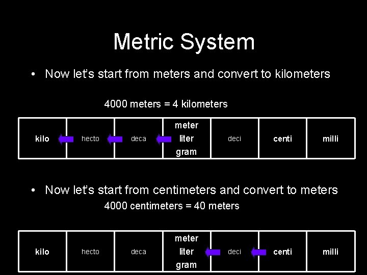 Metric System • Now let’s start from meters and convert to kilometers 4000 meters