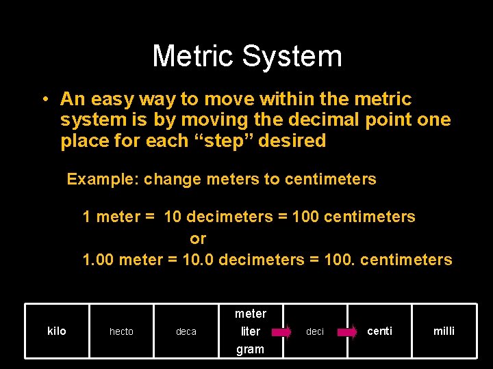 Metric System • An easy way to move within the metric system is by