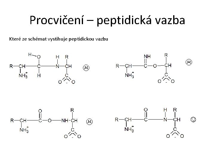 Procvičení – peptidická vazba Které ze schémat vystihuje peptidickou vazbu ☺ 