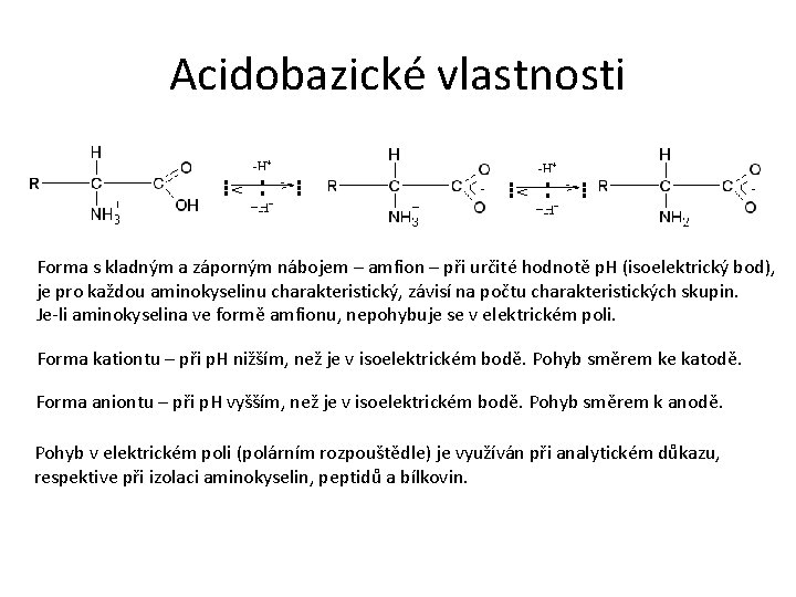 Acidobazické vlastnosti Forma s kladným a záporným nábojem – amfion – při určité hodnotě