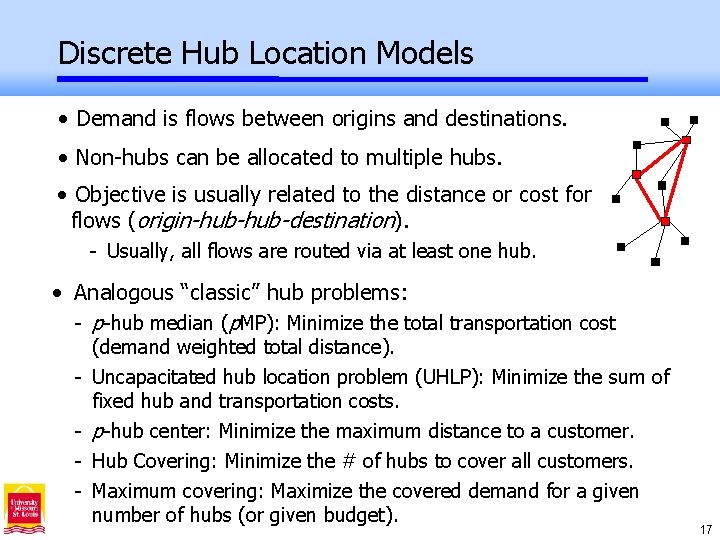 Discrete Hub Location Models • Demand is flows between origins and destinations. • Non-hubs