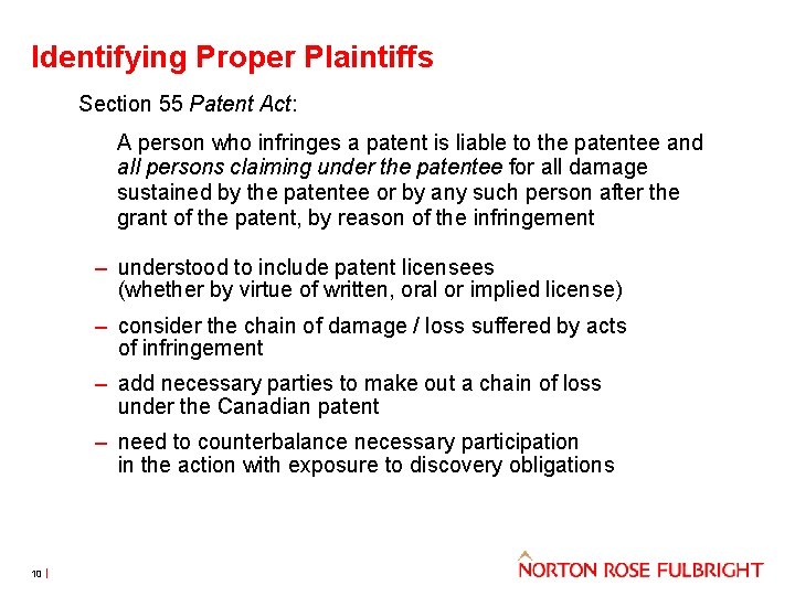 Identifying Proper Plaintiffs Section 55 Patent Act: A person who infringes a patent is