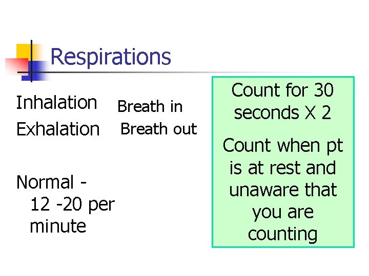 Respirations Inhalation Breath in Exhalation Breath out Normal 12 -20 per minute Count for