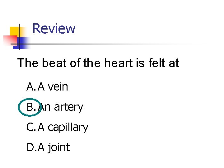 Review The beat of the heart is felt at A. A vein B. An
