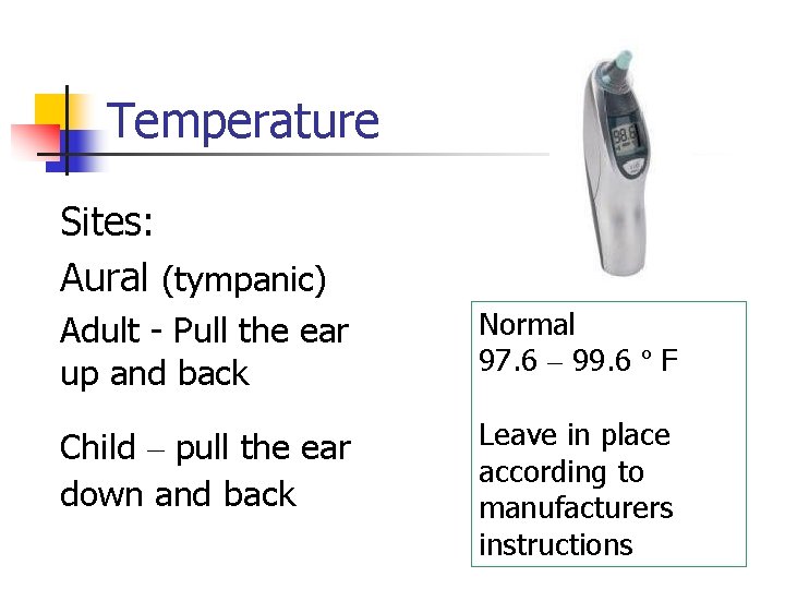 Temperature Sites: Aural (tympanic) Adult - Pull the ear up and back Normal 97.