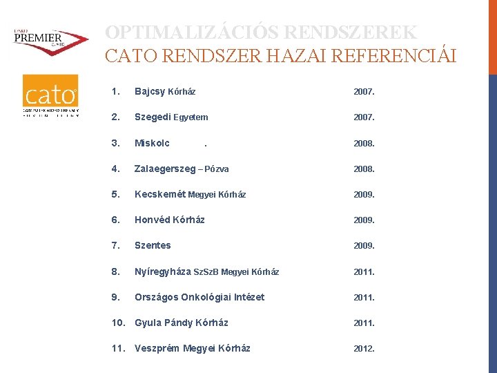 OPTIMALIZÁCIÓS RENDSZEREK CATO RENDSZER HAZAI REFERENCIÁI 1. Bajcsy Kórház 2007. 2. Szegedi Egyetem 2007.