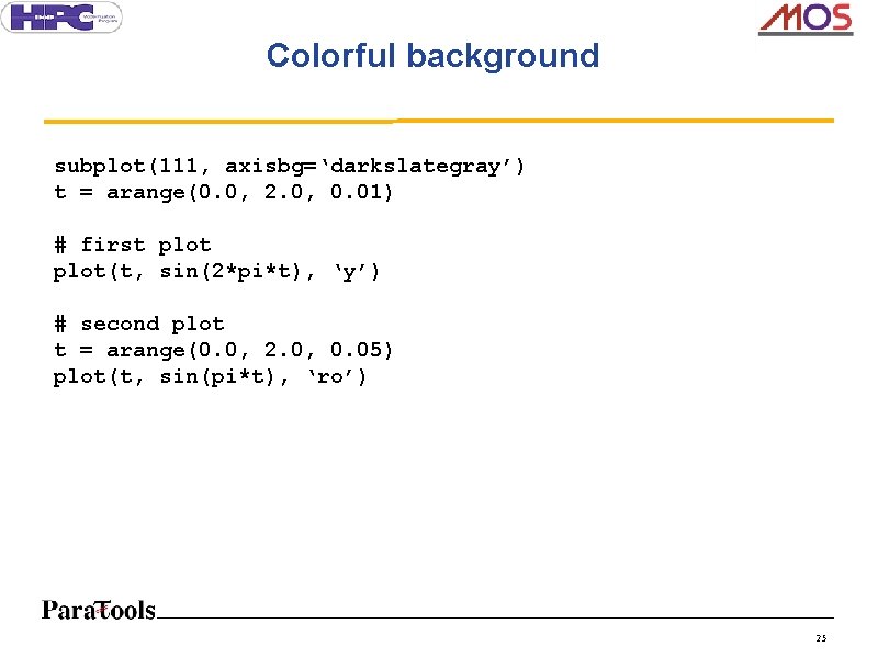 Colorful background subplot(111, axisbg=‘darkslategray’) t = arange(0. 0, 2. 0, 0. 01) # first