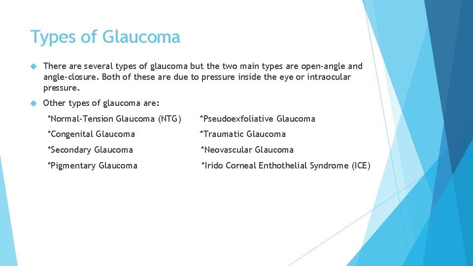 Types of Glaucoma There are several types of glaucoma but the two main types