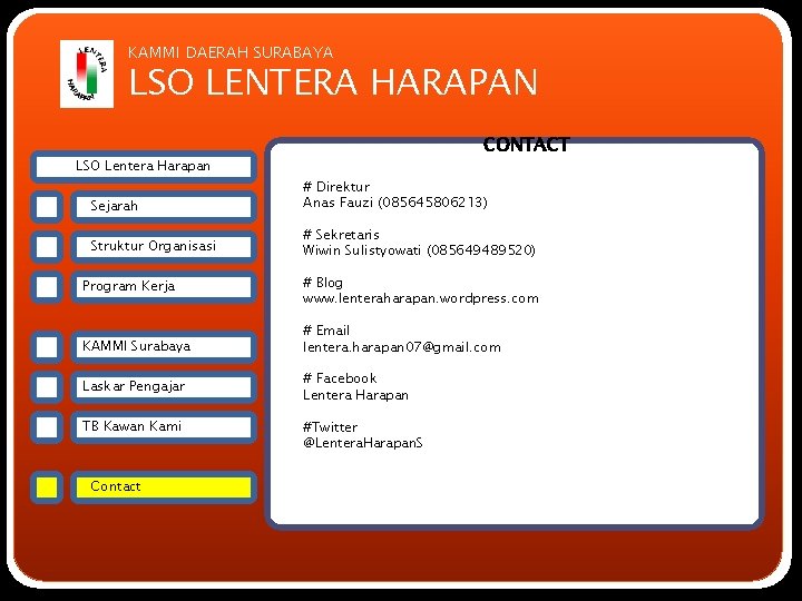 KAMMI DAERAH SURABAYA LSO LENTERA HARAPAN CONTACT LSO Lentera Harapan Sejarah # Direktur Anas