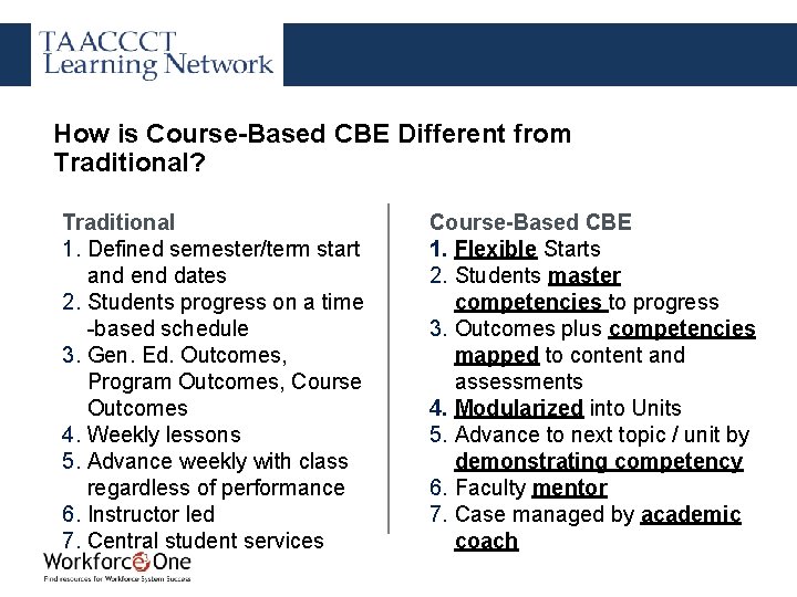 How is Course-Based CBE Different from Traditional? Traditional 1. Defined semester/term start and end