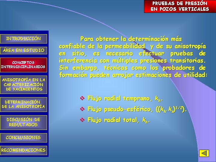 PRUEBAS DE PRESIÓN EN POZOS VERTICALES INTRODUCCIÓN ÁREA EN ESTUDIO CONCEPTOS INTERDISCIPLINARIOS ANISOTROPÍA EN