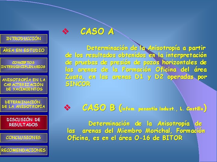 INTRODUCCIÓN ÁREA EN ESTUDIO CONCEPTOS INTERDISCIPLINARIOS ANISOTROPÍA EN LA CARACTERIZACIÓN DE YACIMIENTOS DETERMINACIÓN DE