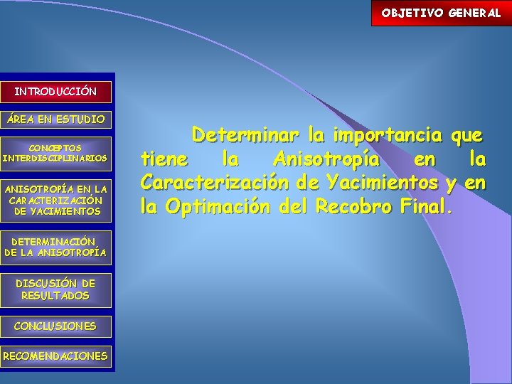 OBJETIVO GENERAL INTRODUCCIÓN ÁREA EN ESTUDIO CONCEPTOS INTERDISCIPLINARIOS ANISOTROPÍA EN LA CARACTERIZACIÓN DE YACIMIENTOS