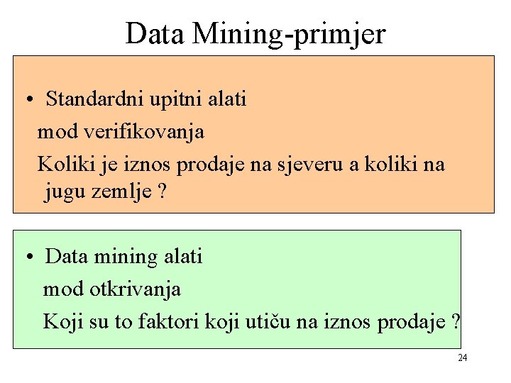 Data Mining-primjer • Standardni upitni alati mod verifikovanja Koliki je iznos prodaje na sjeveru