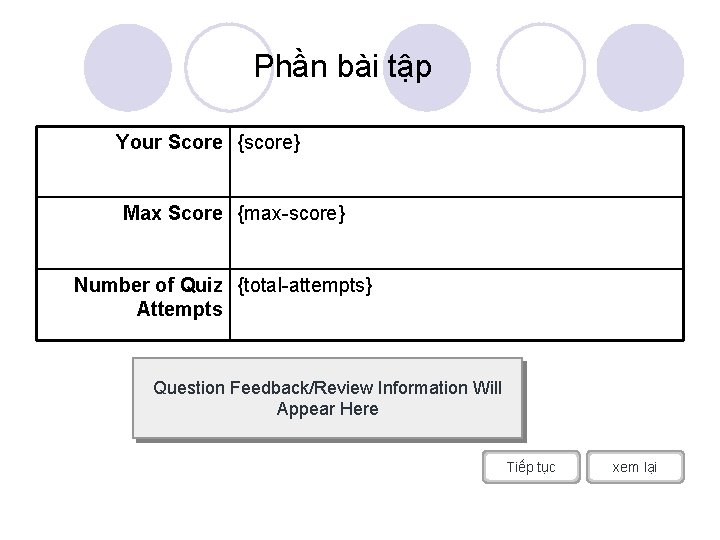 Phần bài tập Your Score {score} Max Score {max-score} Number of Quiz {total-attempts} Attempts
