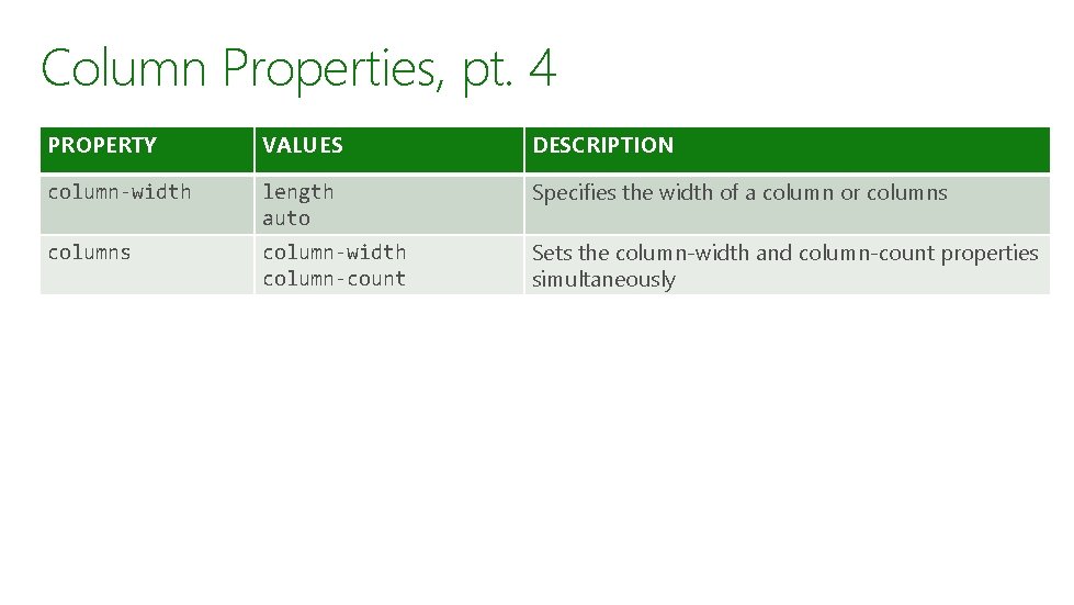 Column Properties, pt. 4 PROPERTY VALUES DESCRIPTION column-width length auto Specifies the width of