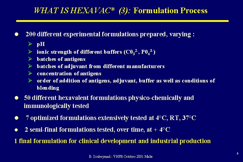 WHAT IS HEXAVAC® (3): Formulation Process l 200 different experimental formulations prepared, varying :