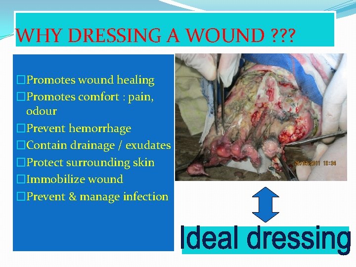 WHY DRESSING A WOUND ? ? ? �Promotes wound healing �Promotes comfort : pain,