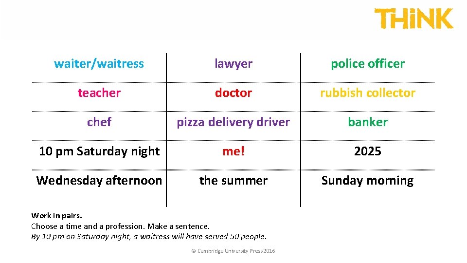 waiter/waitress lawyer police officer teacher doctor rubbish collector chef pizza delivery driver banker 10