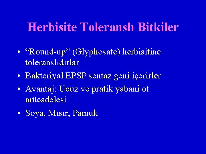 Herbisite Toleranslı Bitkiler • “Round-up” (Glyphosate) herbisitine toleranslıdırlar • Bakteriyal EPSP sentaz geni içerirler