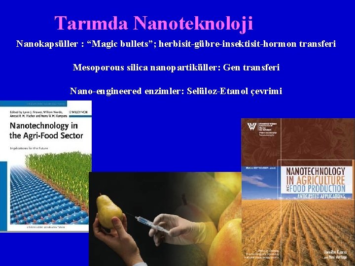 Tarımda Nanoteknoloji Nanokapsüller : “Magic bullets”; herbisit-gübre-insektisit-hormon transferi Mesoporous silica nanopartiküller: Gen transferi Nano-engineered