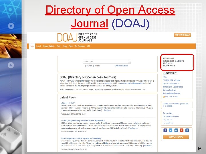 Directory of Open Access Journal (DOAJ) 16 