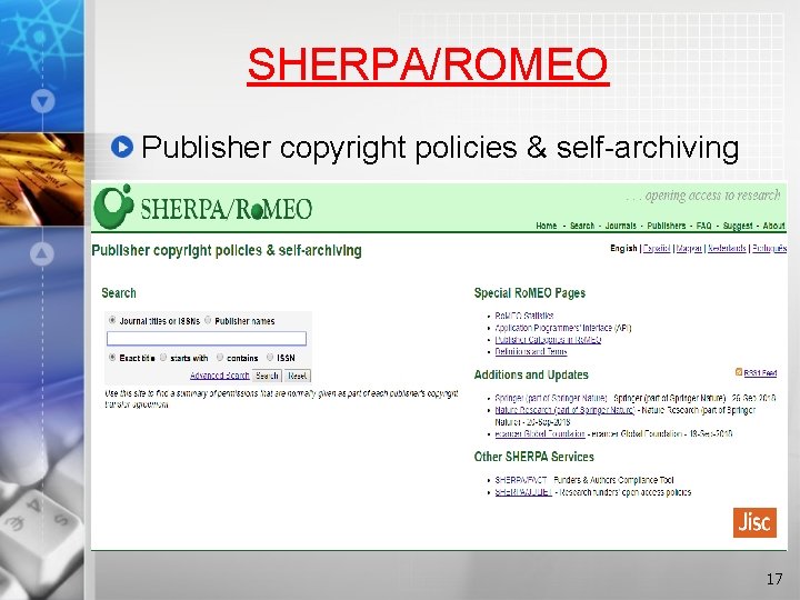 SHERPA/ROMEO Publisher copyright policies & self-archiving 17 