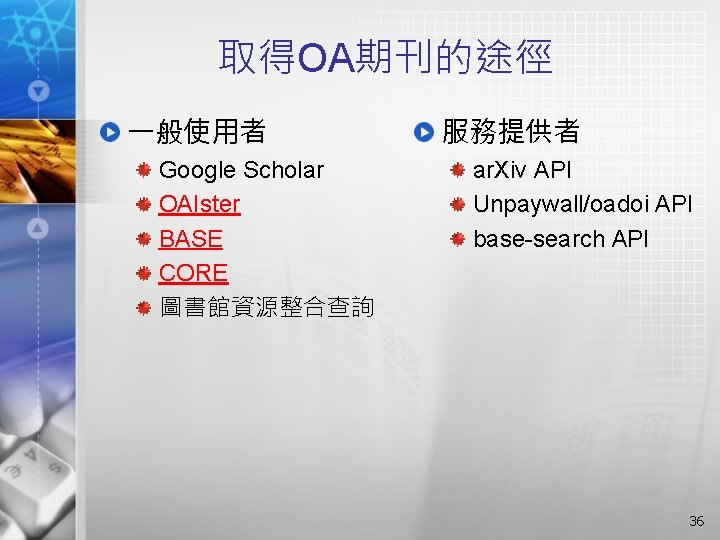 取得OA期刊的途徑 一般使用者 Google Scholar OAIster BASE CORE 圖書館資源整合查詢 服務提供者 ar. Xiv API Unpaywall/oadoi API