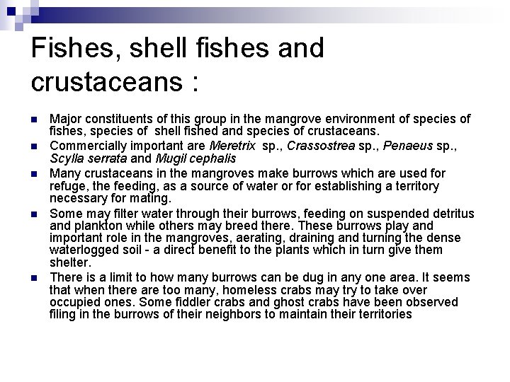 Fishes, shell fishes and crustaceans : n n n Major constituents of this group