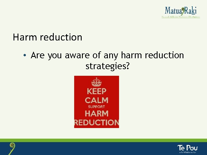 Harm reduction • Are you aware of any harm reduction strategies? 