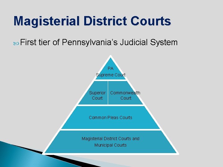 Magisterial District Courts First tier of Pennsylvania’s Judicial System PA Supreme Court Superior Court