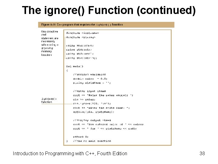 The ignore() Function (continued) Introduction to Programming with C++, Fourth Edition 38 