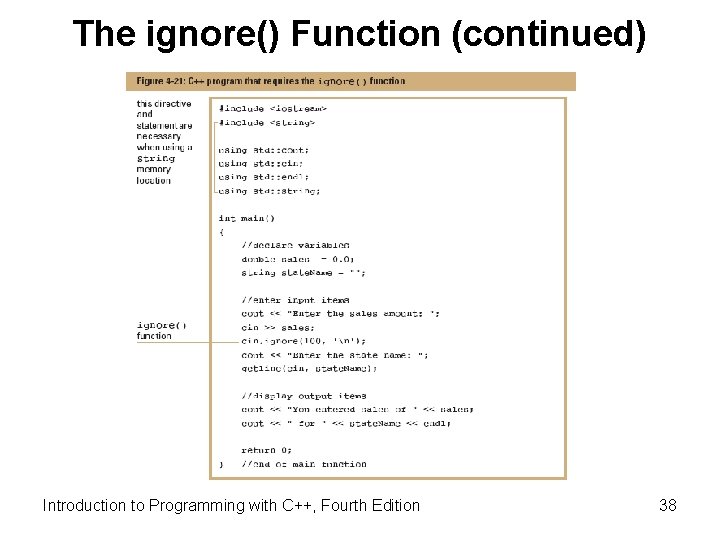 The ignore() Function (continued) Introduction to Programming with C++, Fourth Edition 38 The ignore() Function (continued) Introduction to Programming with C++, Fourth Edition 38