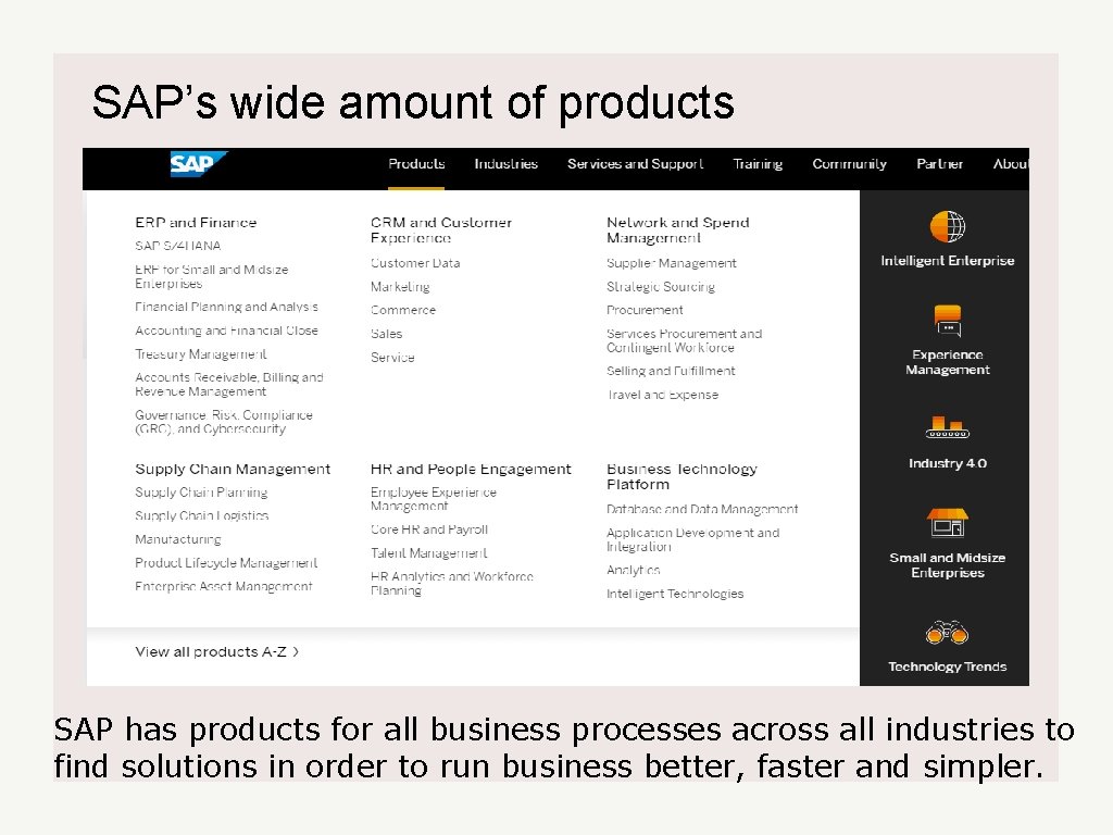 SAP’s wide amount of products SAP has products for all business processes across all